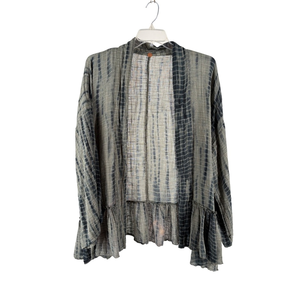 Free People FP One Tie Dye Ruffle Hem Cardigan Grey Blue Boho Gauze Kimono OS
